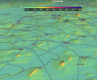 Fatmap umožňuje různé překryvné vrstvy - tato zobrazuje gradient terénu