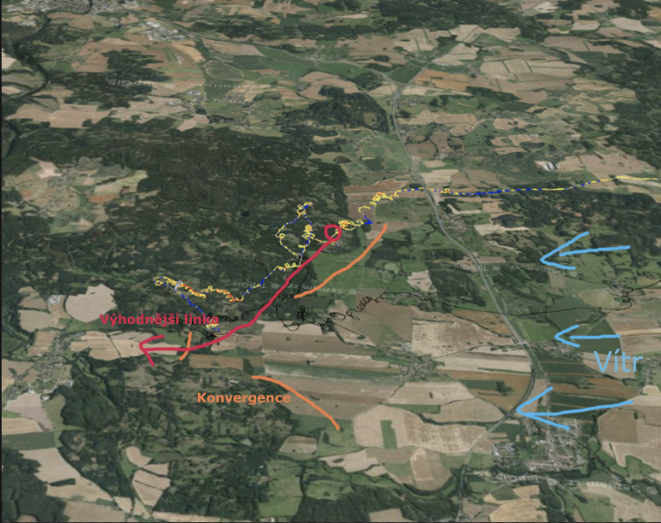 Osudné místo, kde jsem se snažil zvednout. Jakmile jsem zjistil, že to moc nefunguje měl jsem se ještě s výškou posunout dál do konvergentní oblasti(plán B) - viz červená linka.